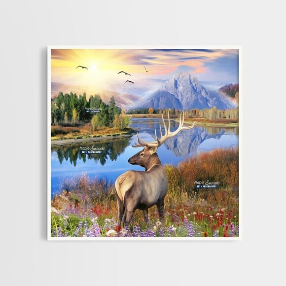 8x8 Landscape Elk Sunset Floral Wall Art Watercolor Oil Painting Art Print - Picture 7 of 7
